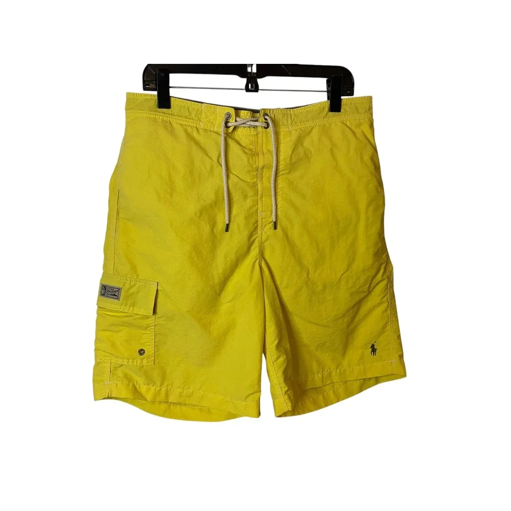 Polo Ralph Lauren Mens Yellow Cargo Swim Trunks Mesh Lined Size Medium 34 Waist